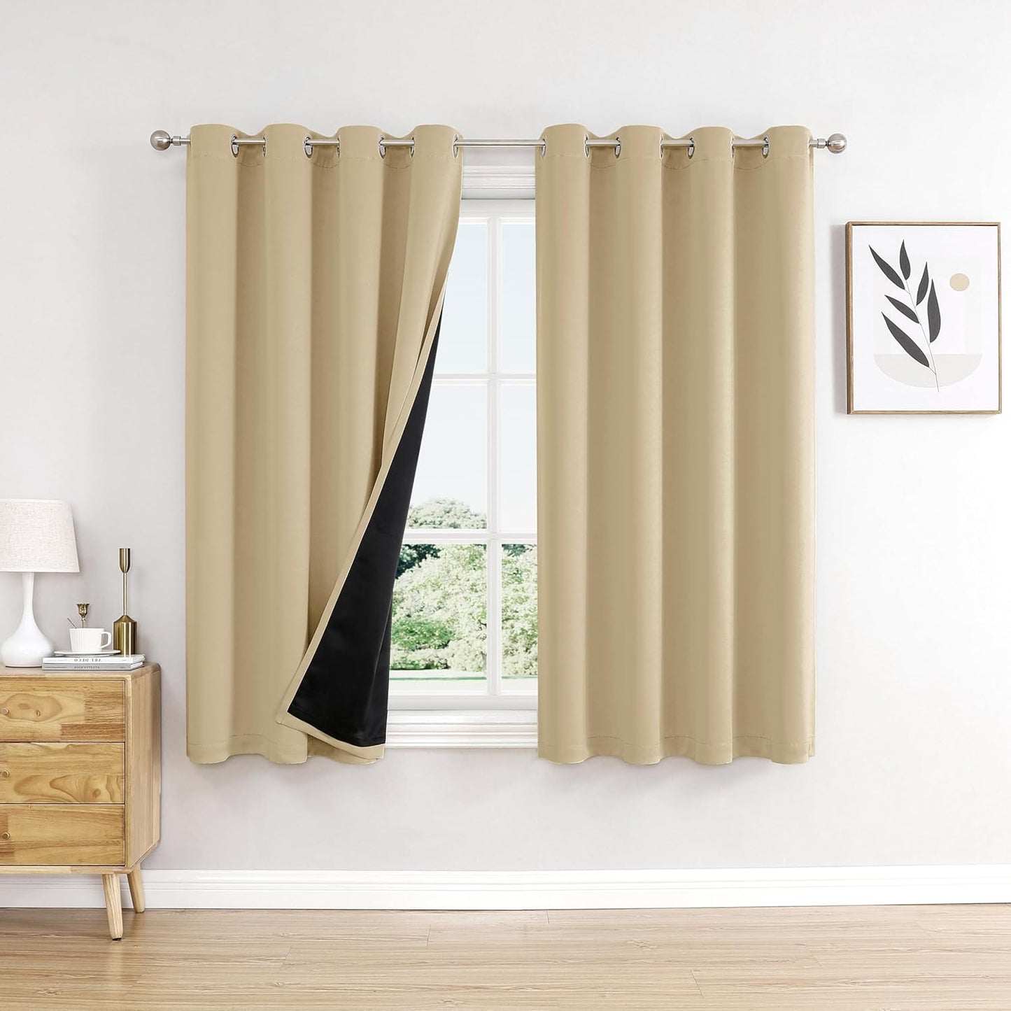 ChrisDowa 100% Blackout Curtains for Bedroom with Black Liner, 2 Thick Layers Total Blackout Thermal Insulated Grommet Window Curtains 2 Panels Set (Beige, 52 x 45 Inch)
