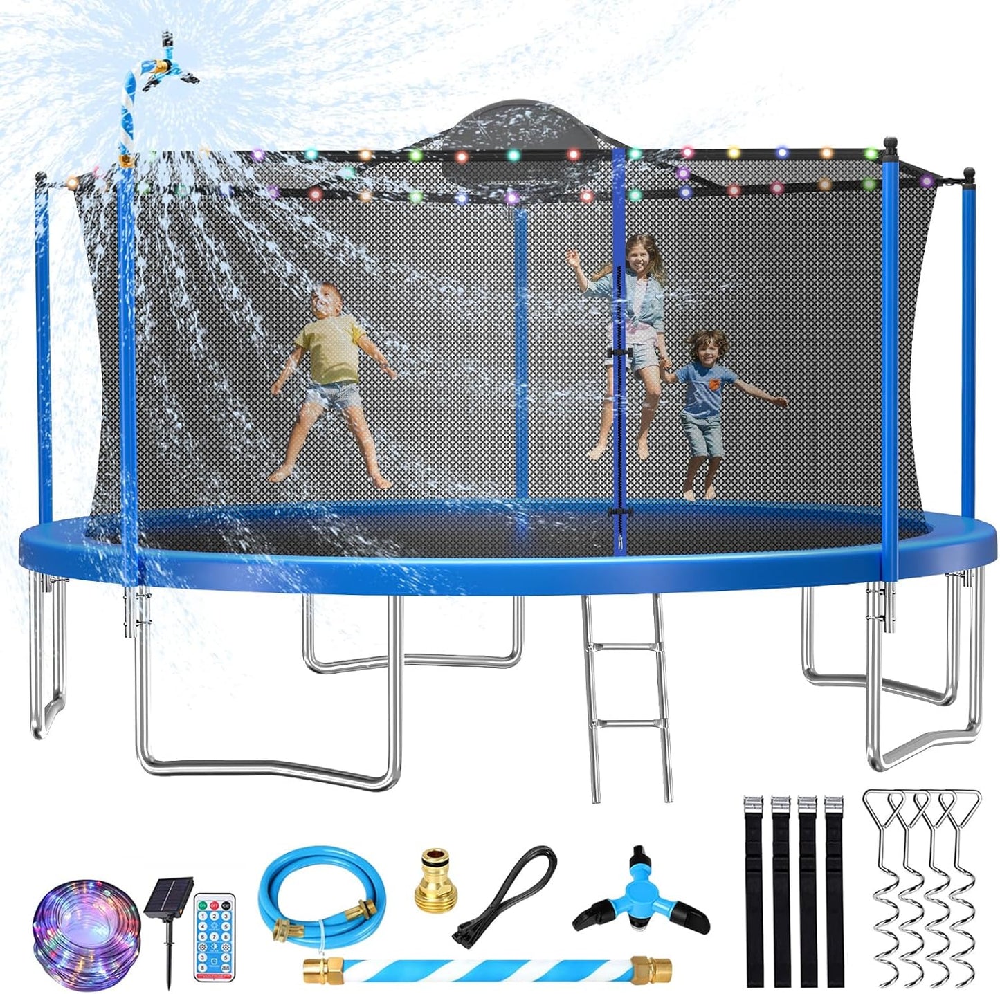 Upgraded 10/12/14/15/16FT Trampoline Outdoor, Large Kids Trampoline with Light, Stakes, Sprinkler, Backyard Trampoline with Basketball Hoop and Net, Capacity for 4-6 Kids and Adults