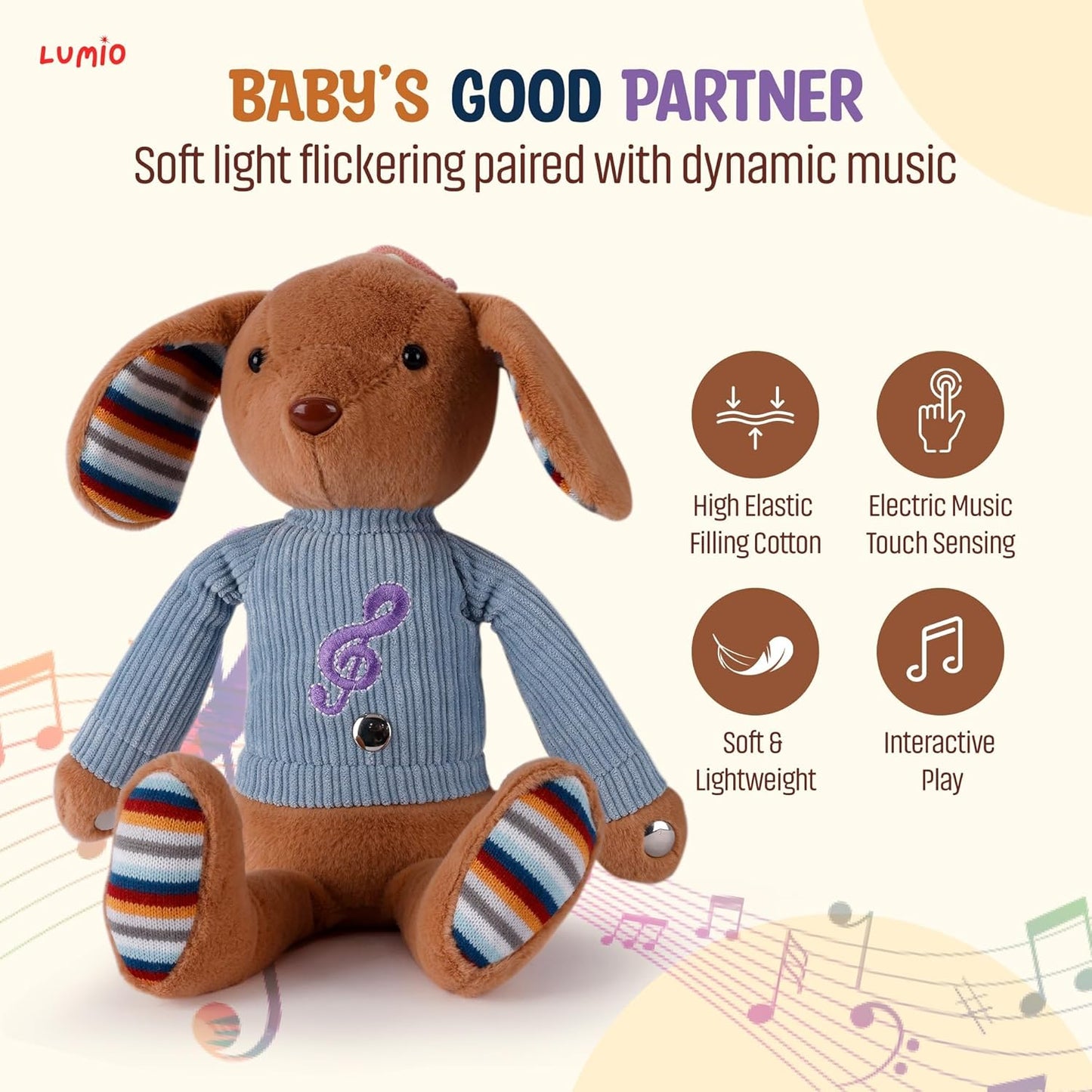 Lumio Musical Stuffed Animal Plush Toy with Lights & Sounds - Cute Interactive Toy for Newborns, and 3 6 12 to 48 Months (Elephant)