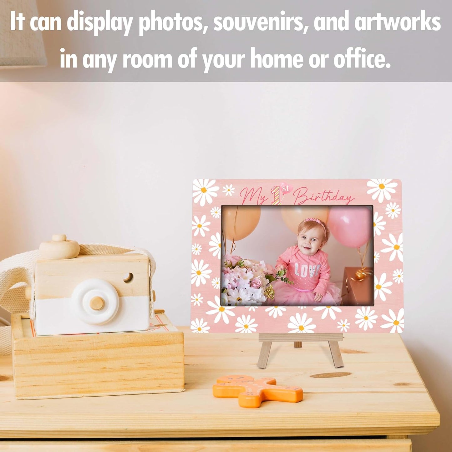 My 1st Birthday Picture Frames, Daisy Wooden 4x6 Photo Frame with Easel, Baby First Year Birthday Gifts for Home Office Tabletop Display Decorations - G01