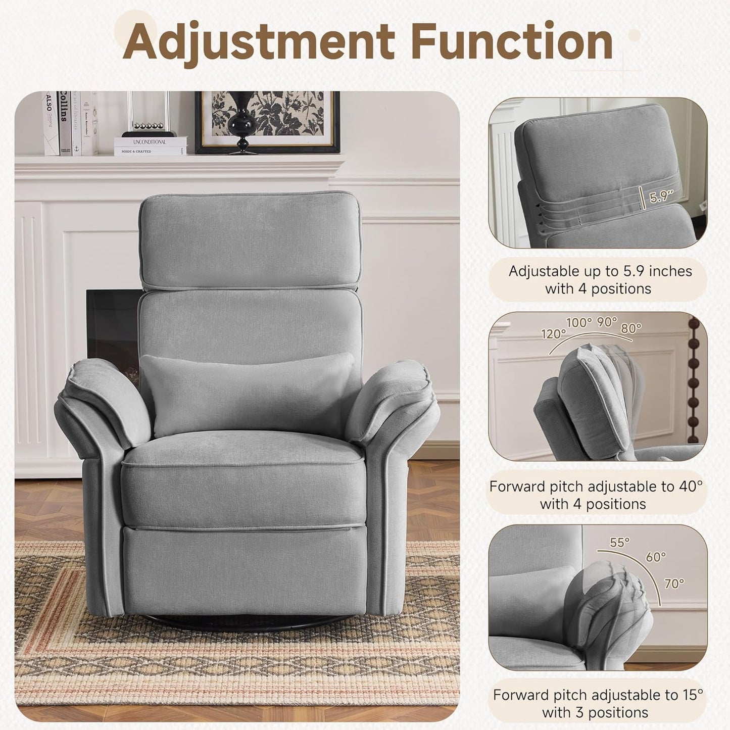 MELLCOM Power Recliner Rocking Chair Nursery Gliders with Adjustable Armrests and Headrest, Swivel Electric Glider Reclining Nursing Chair with USB Port and Storage Bags, FSC Certified