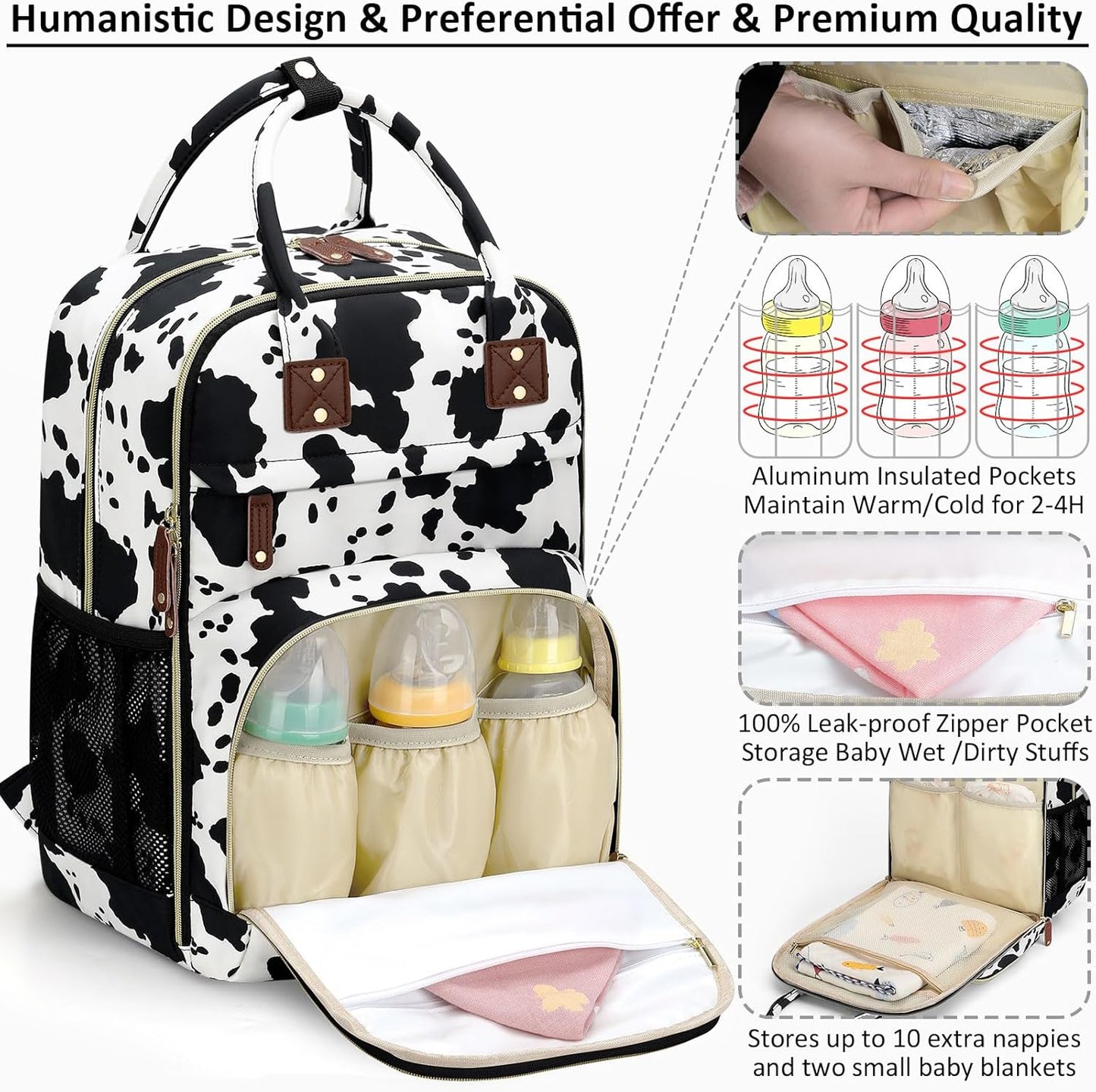 Diaper Bag Backpack for Women with Changing Pad, Baby Bag with Insulated Pockets Multifunctional Diaper Bags For Baby Girl Boy Waterproof Baby Bags For Boys Girls Maternity Bag Cow Print