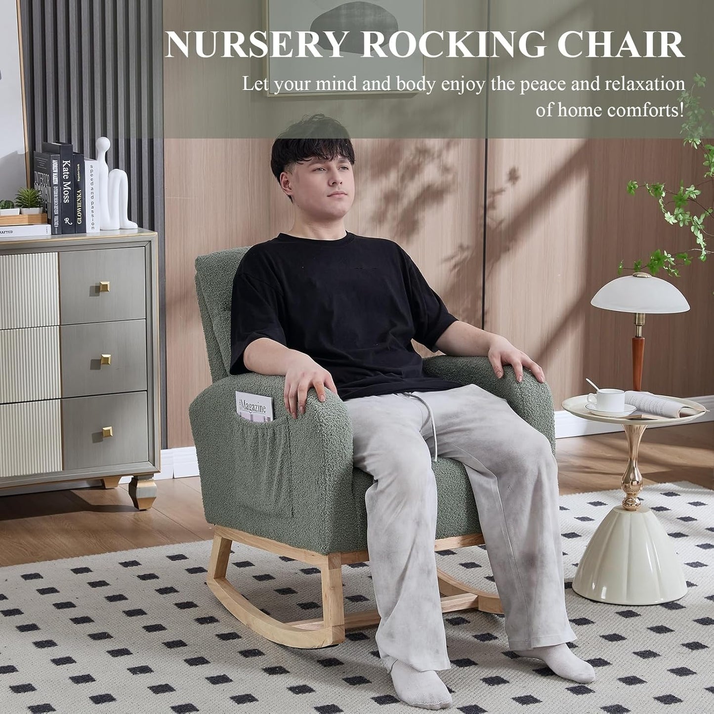 NIOIIKIT Nursery Rocking Chair, Teddy Upholstered Glider Chair with Side Pocket, Glider Rocker Chair with Tufted Back, Comfy Accent Nursing Chair for Living Room (Olive Green Modern)