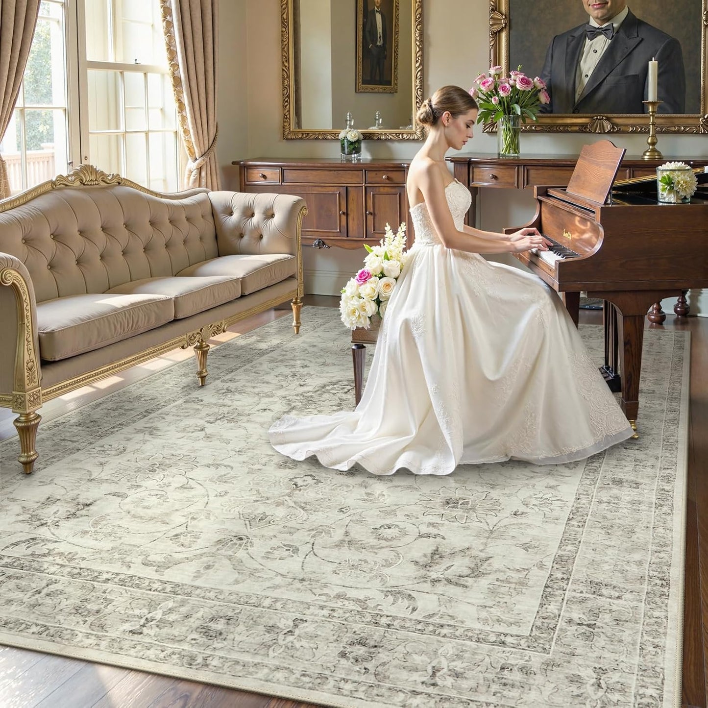 LIVEBOX Washable Area Rug 8x10 Rugs for Living Room Bedroom, Non-Slip Boho Indoor Carpet for Dining Room Office, Low-Pile Farmhouse Soft Carpets for Kids Nursery Room Playroom, Taupe