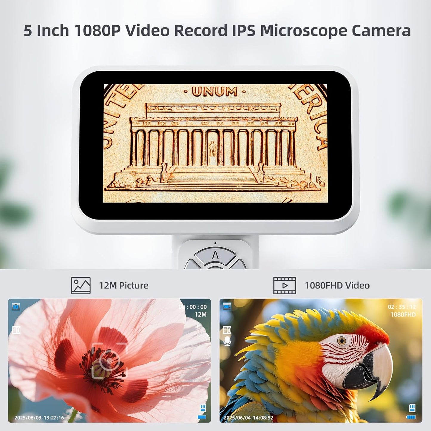 Andonstar Digital Microscope, 5" 1080P Coin Microscope Camera for Error Coin with 7.3" Metal Stand for Adults Kids, Handheld USB Coin Magnifier with 8 Adjustable LED Lights, Windows Mac PC View, AD115