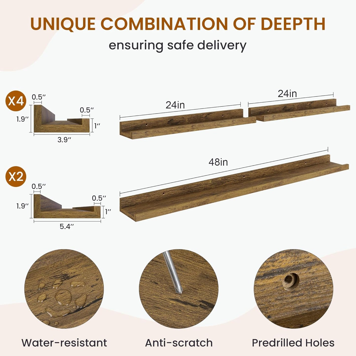 Axeman Picture Ledge Shelf, Floating Shelves for Wall Storage Set of 6, 48 inch Floating Wall Mounted Shelves, Wall Shelves with Lip for Living Room, Bedroom, Nursery, Bathroom, Kitchen, Rustic Brown