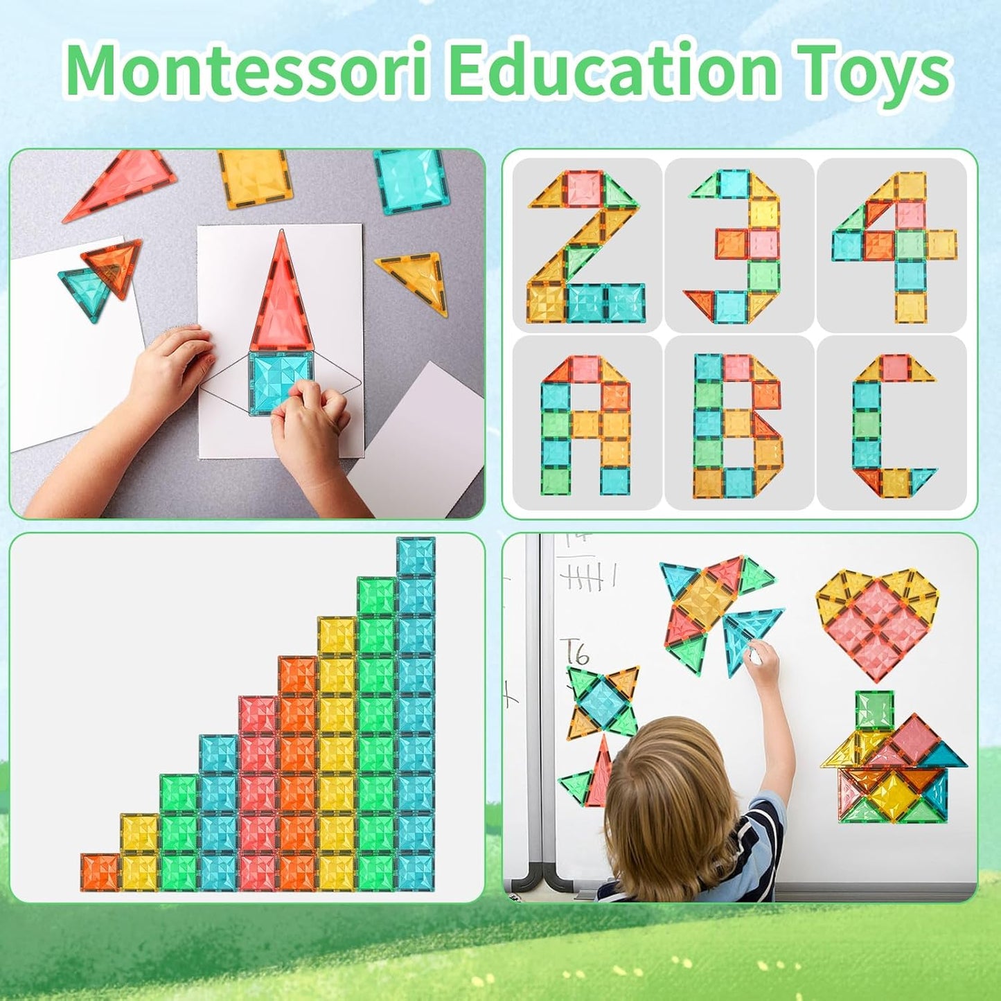 Magnetic Tiles,Magnet Building Blocks Construction Stacking Educational Toy Creative Playboard for Kids Ages 3+ (032 Pieces)