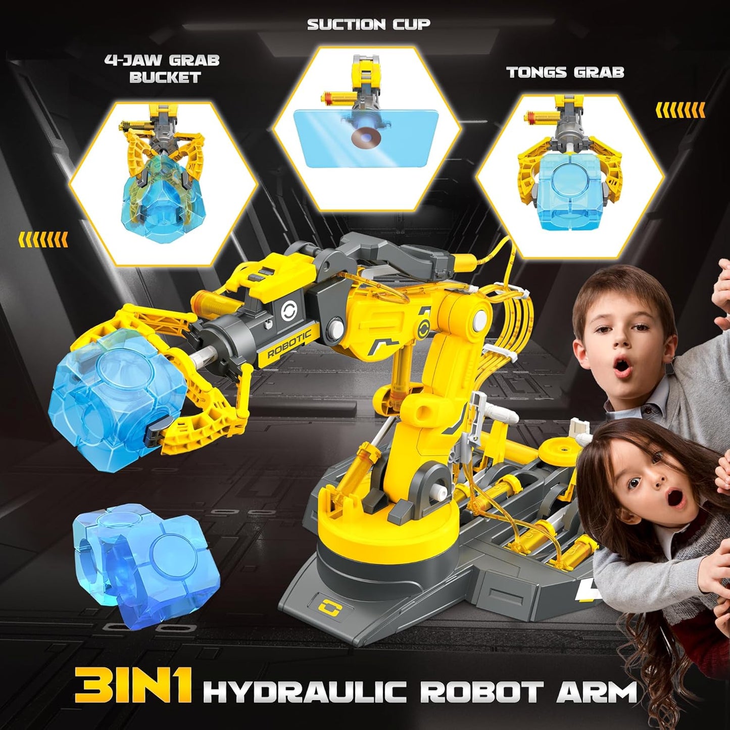 SMIESSKIDDO 3 in 1 Hydraulic Robot Arm - 220 Pcs STEM Building Toys with 4-Jaw Grab, Suction & Tongs for Kids 8-12 | No Batteries Needed Engineering Gift for Boys & Girls Ages 9 10 11