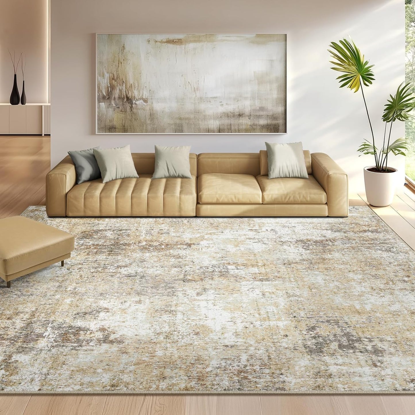 Washable Area Rugs 6'x9' Non-Slip Modern Abstract Soft for Living Room Entryway Bedroom Nursery, Print Pattern, Neutral Brown Gray
