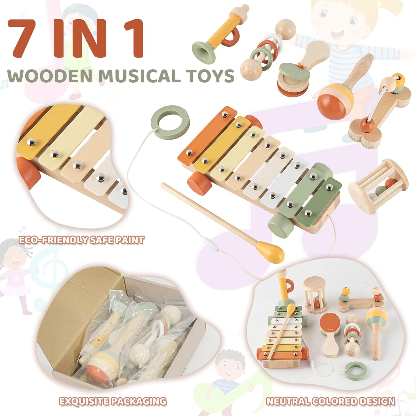 VINJOE Baby Musical Instruments-Toddler Montessori Wooden Musical Toys for Kids, Neutral Colors Percussion Instruments Set Early Learning Musical Toys for Preschool Educational Birthday Gifts