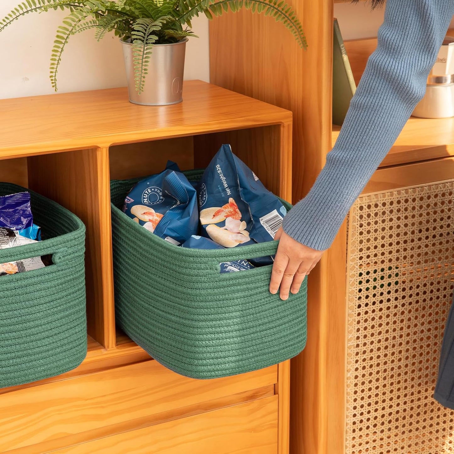 OIAHOMY 4 Pack Storage Baskets for Organizing, Cube Storage Bins for Shelves, Rectangle Storage Baskets With Handles, Woven Baskets for Storage, 12.7''Lx9''Wx7.8''H, Green