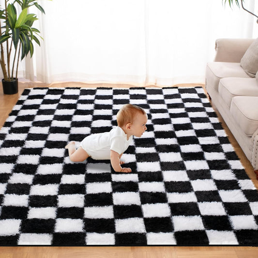 Super Soft Rug for Bedroom, 5x8 Ft Black and White Area Rug Classic Checkered Shaggy Anti-Skid High Pile Soft Fluffy Rug Fuzzy Carpet for Living Room Bedroom Kids Room Nursery, Dorm Home Decor