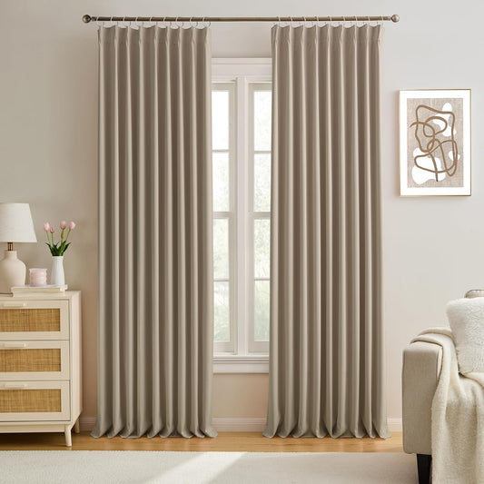 KEQIAOSUOCAI 60 Wide Pinch Pleated Window Curtain Panels 90 Inches Long Custom Made Pleated Curtains Hooks Track Privacy Memory Shape Drape for Living Room,Khaki, Set of 2=120 Inch Wide