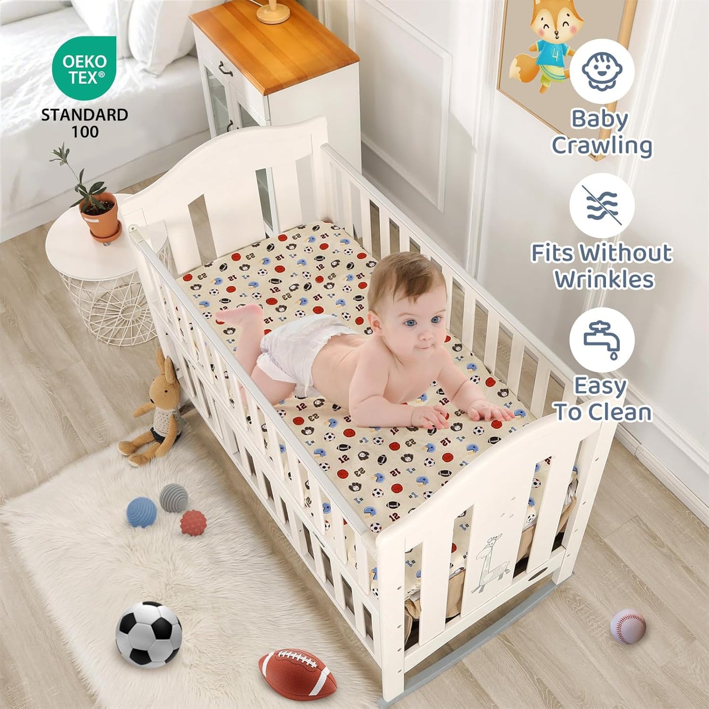 Wowelife Sports Mini Crib Bedding Set Boys Brown 3PCs Mini Crib Comforter Set Basketball Baseball Rugby Nursery Bedding Sets for Boys with Soft Comforter, Crib Skirt and 38x24 Sheet, Brown