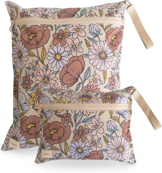 mushie Water Resistant Wet Bags | Large & Small Reusable Storage Bag for Baby Items and Travel | Zippered Pockets with Handle | Machine Washable, Set of 2 (Retro Flowers)