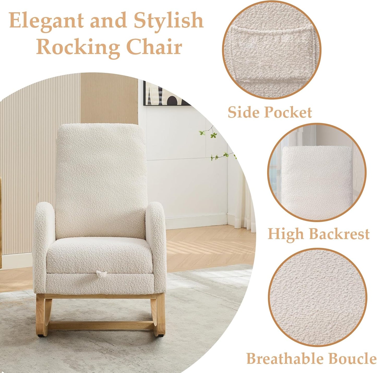 Nursery Rocking Chair with Foot Rest, Upholstered Glider Chair with Two Side Pockets, High Back Nursing Chair, Rocker Accent Armchair for Bedroom Living Room (Ivory)