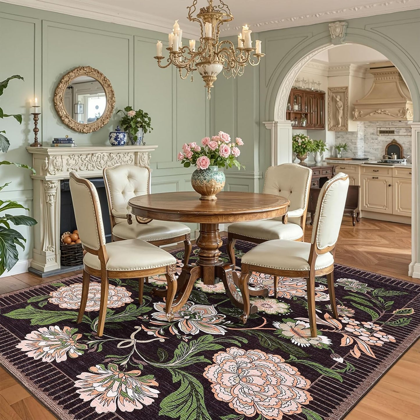 GarveeHome Plum Pink Floral Botanical Washable 8x10 Area Rug for Living Room Soft Black Purple Vintage Boho Cottage Large Rugs Low Pile Carpet for Bedroom Dining Nursery Rug