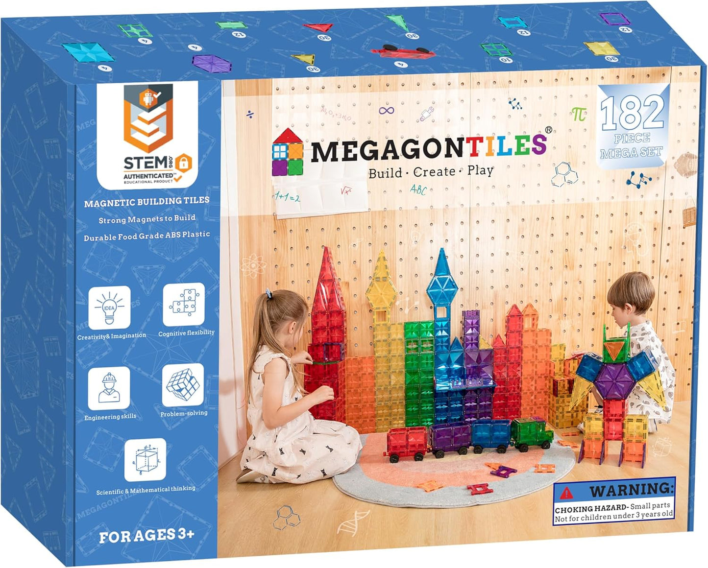 182PCS Premium MagneticTiles, MagnetTiles, STEM AUTHENTICATED,MEGA MagnetTiles, Magnetic Blocks, Magnetic Building Blocks, Magnets for Kids, MagneticTile Toy Boys Girls Age 3 4 5 6 7 8