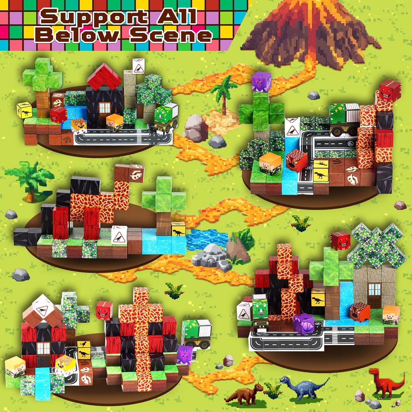 Goody King Dinosaur Volcano Magnetic Block World |100PCS Dinosaur Magnetic Block Cubes,STEM Montessori Sensory Toys for Toddlers Kids Boys Girls Ages 3-5 6-8 Christmas Birthday Gifts