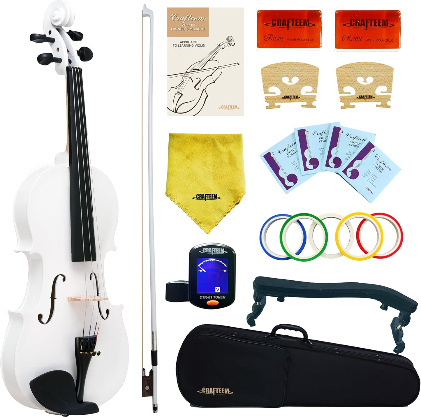 1/2 Fiddle White Colored Premium Violin Outfit for Beginners Adults Kids With 5 Color Fingering Tape- Handcrafted Student Beginner Violin.(White, 1/2)