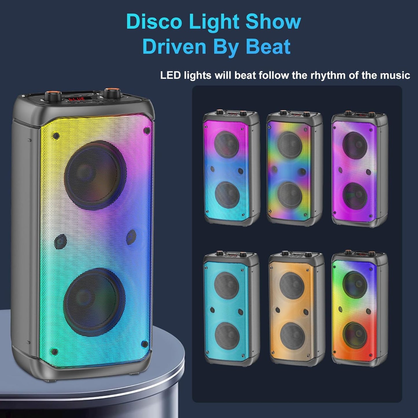 Portable Party Speaker, 80W Peak Wireless Bluetooth Speaker, PA System with LED Lights, Outdoor Bluetooth Speakers Supports for TF Card/USB, AUX in, FM, REC,TWS