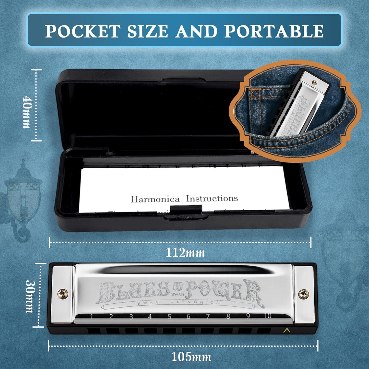 SWAN Blues Harmonica, Key of A, 10 Hole 20 Tone Diatonic Harp Mouth Organ, Stainless Steel Deluxe Harmonica for Adults, Students, Beginners, as a Gift (Silver-A)