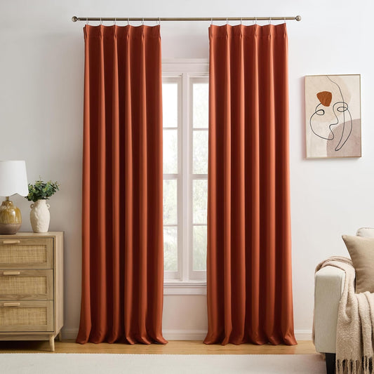 KEQIAOSUOCAI 90 Inch Burnt Orange Pleated Curtains for Living Room 2 Panels Set Fall Bohemian Decor Boho Copper Window Drapes for French Door Living Room Pinch Pleat with Hooks,W40 x L90