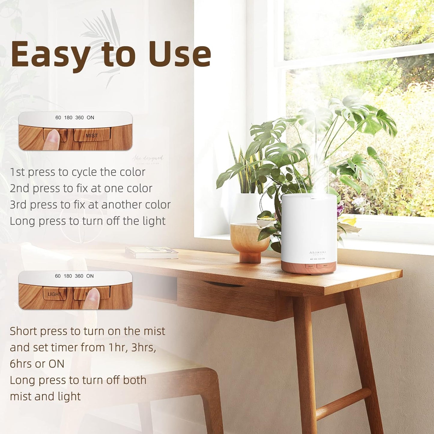 ASAKUKI Essential Oil Diffuser, Aromatherapy Cool Mist Home Humidifier with 7 LED Color Changing Light and Auto-Off Safety Switch, 8 Essential Oils Set, 300ml (Brown with Oils)