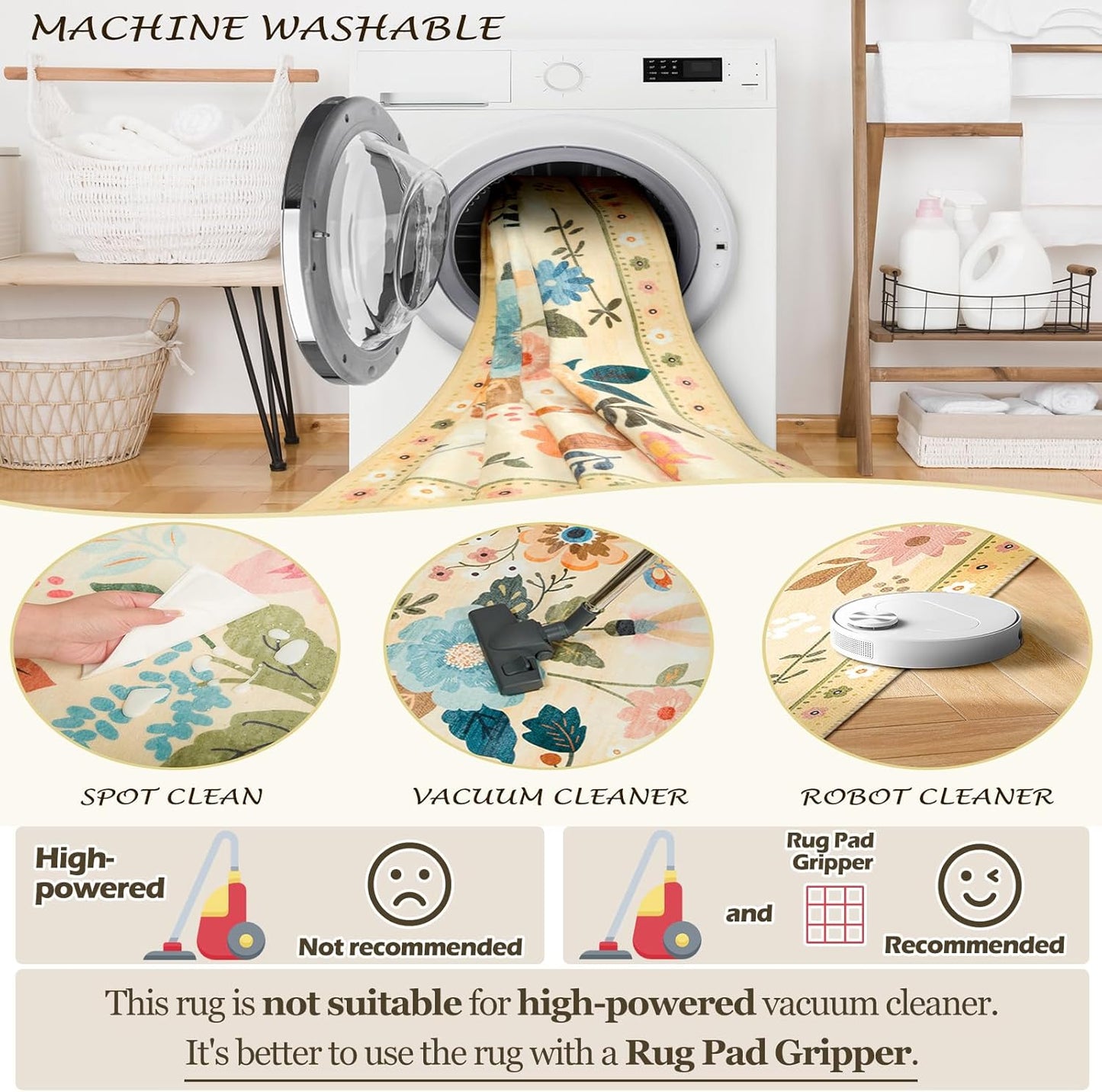 Floral 8x10 Area Rug Machine Washable Soft Print Boho Carpet Non Slip Doormat Low Pile Flower Area Rugs for Living Room Bedroom Nursery Kitchen Dining Room Indoor-Ivory/Yellow