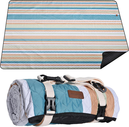 Waterproof Picnic Blanket 80" x 60" in Portable with Carry Strap for Beach Mat or Family Outdoor Camping Party, Park Blanket for Grass Park, Hiking, Travel, Concerts (Crystal Blue & Orange, 80" x 60")