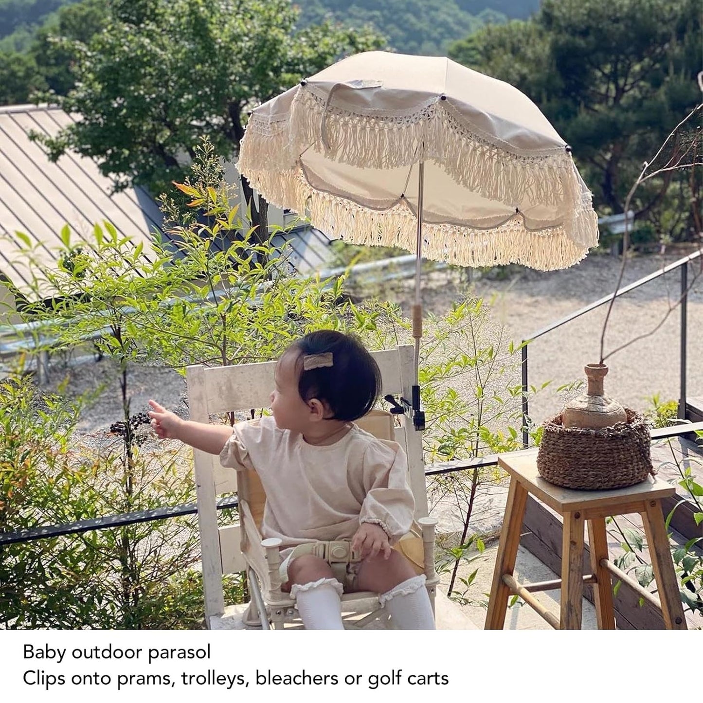 Baby Outdoor Parasols, Baby Stroller Parasol Umbrella with Adjustable Clamp, Toddler Umbrella for Trolley Wheelchair Beach Chair, Outdoor Activities (Beige)