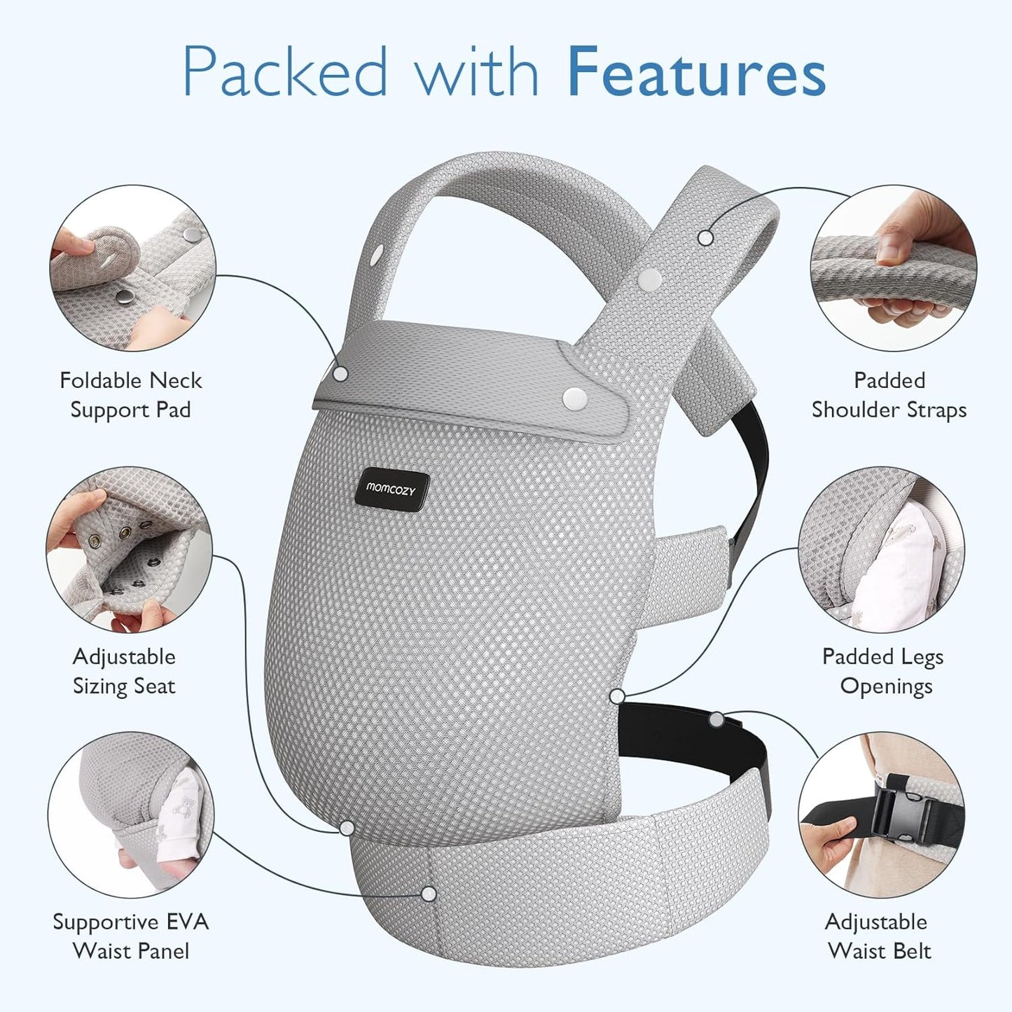 Momcozy Breathable Mesh Baby Carrier, Ergonomic and Lightweight Infant Carrier for 3-24 Months with Enhanced Lumbar Support, All Day Comfort for Hands-Free Parenting, Air Mesh-Grey