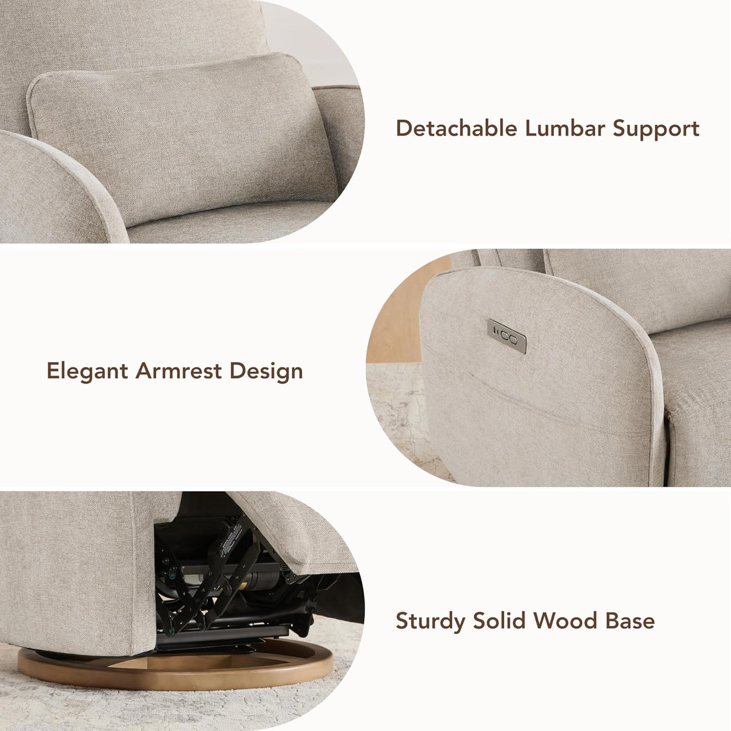 CHITA Power Nursery Glider Recliner Chair, Electric Swivel Rocker Recliner for Adults, Rocking Chair with Removable Lumbar Pillow for Living Room, FSC Certified, Fabric in Khaki