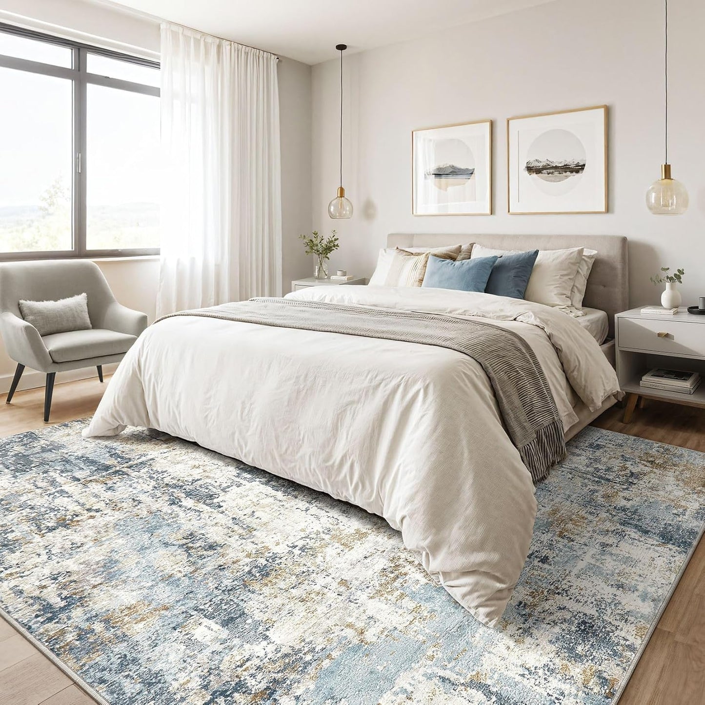 8x10 Area Rugs Washable Rug: Living Room Large Abstract Modern Soft Stain Resistant Indoor Floor Non Slip Accent Carpet for Bedroom Nursery Playroom Office Dining Room Dorm Home House- Blue