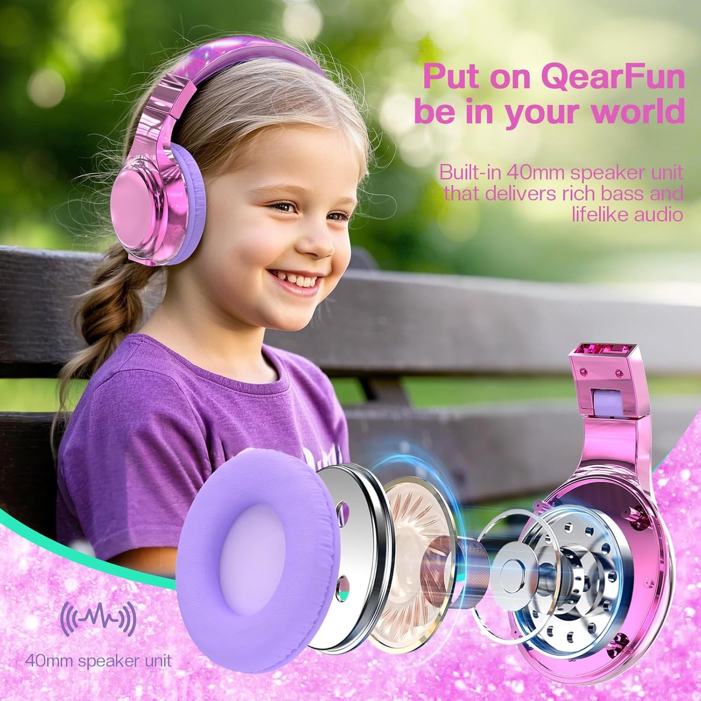 QearFun Kids Bluetooth 5.3 Headphones, Wireless Metallic Gradient Headset, Lightweight Foldable On Ear Headphones with Aux Cord, Fast Charging, Built-in Mic, for School/Travel/Tablet/iPad