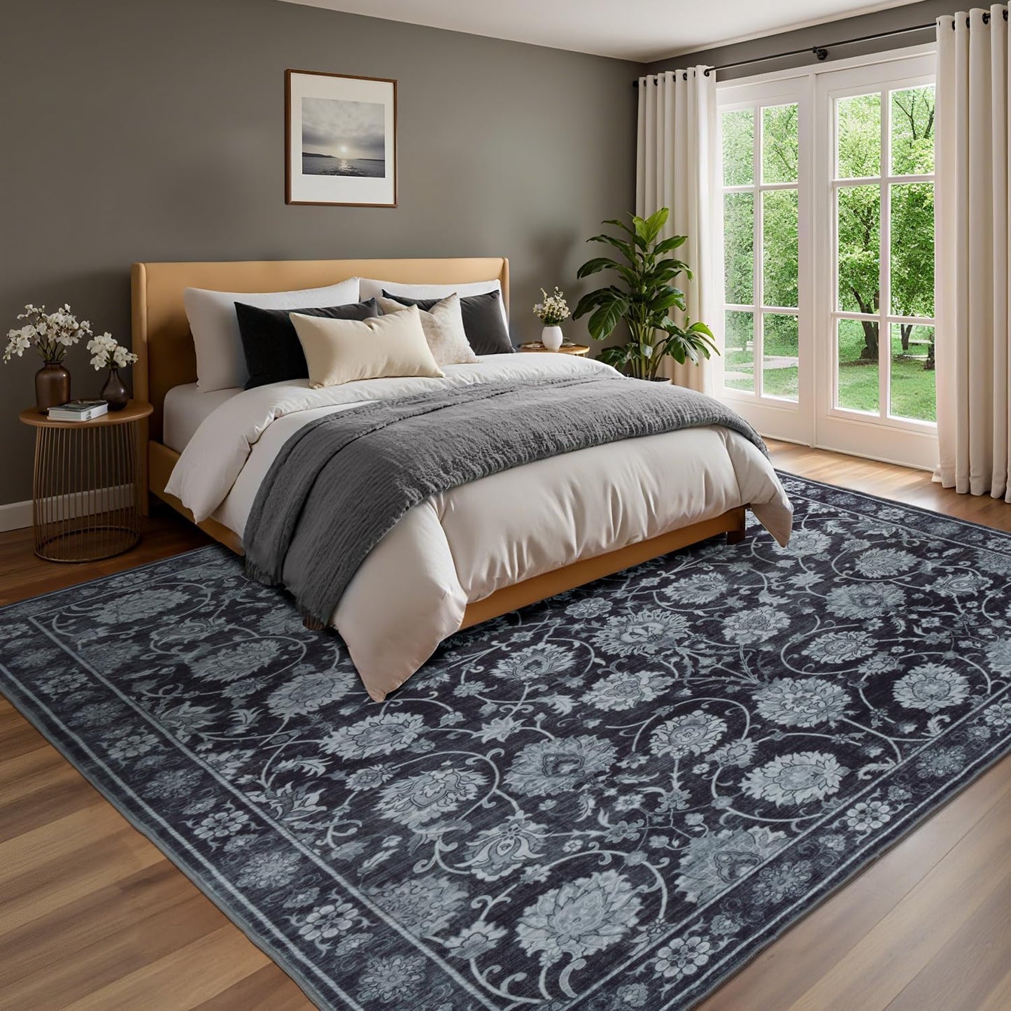 Black 8x10 Area Rugs for Living Room, Washable Large Bedroom Rug, Soft Non Slip Floral Carpet, Stain Resistant Low Pile Carpets for Indoor Under Table Dining Home Office Nursery, Black