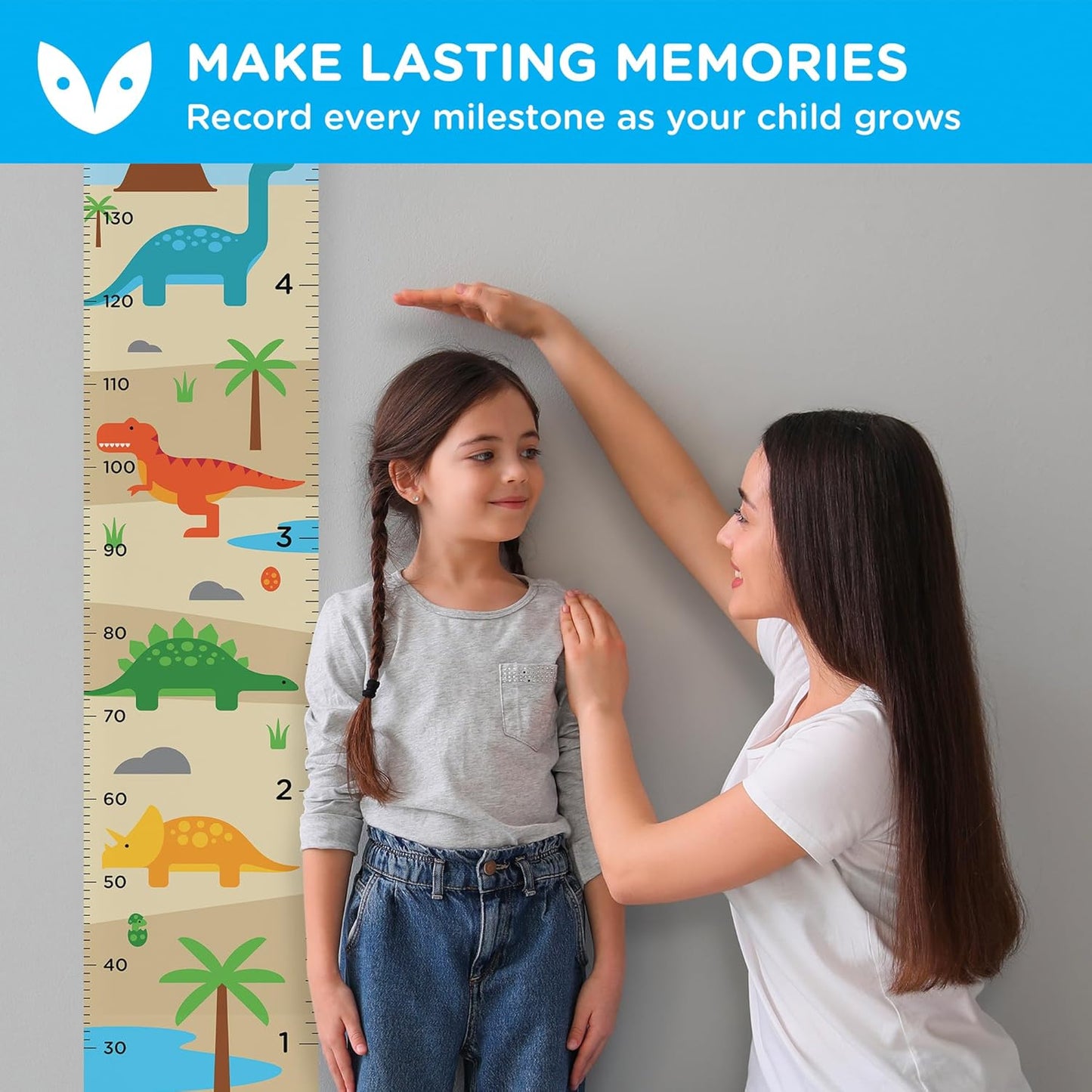 WISE OWL Personalized Growth Chart for Kids - Height Wall Chart for Boys with Peel & Stick Letters for Name - Hanging Canvas Wall Measurement Height Tracker for Baby Gift (Dinosaurs)