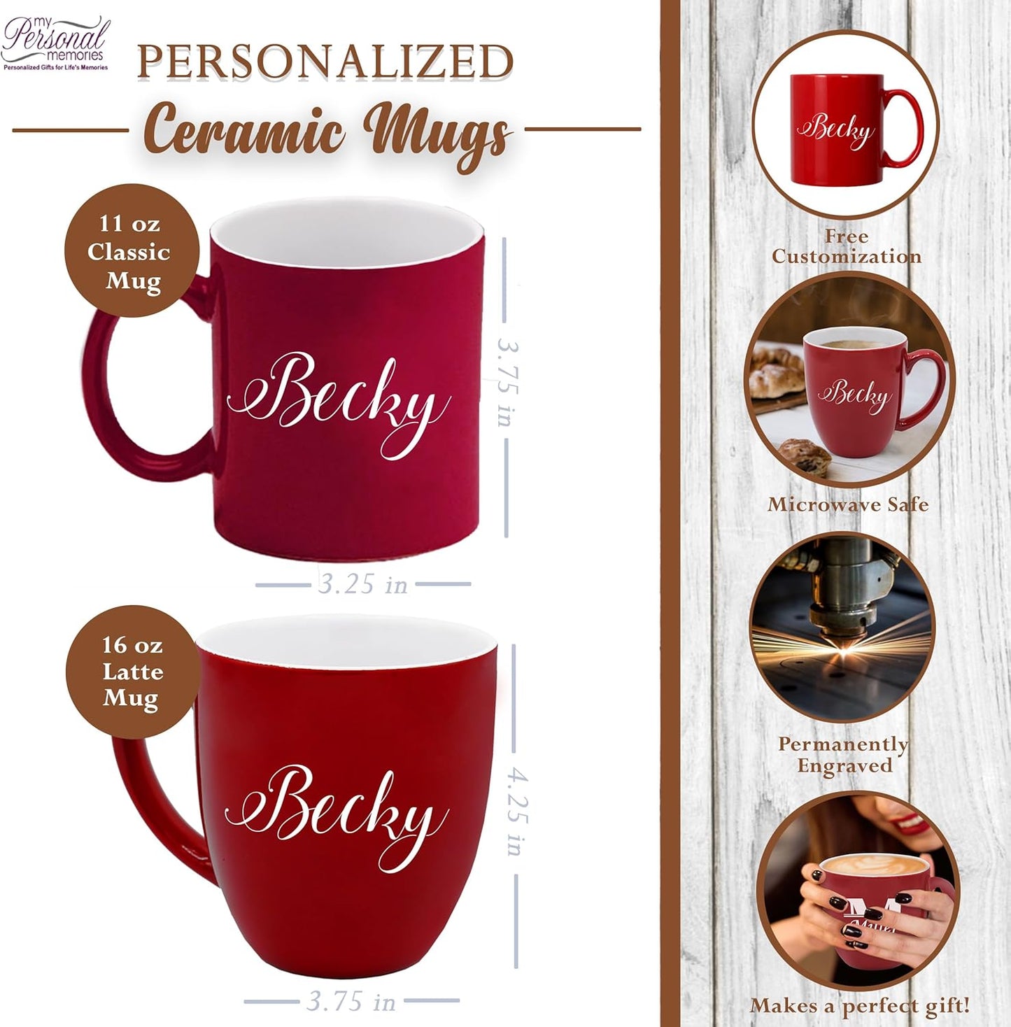 My Personal Memories Custom Monogrammed Coffee Latte Mug and Tea Cup - Personalized and Engraved (Red)