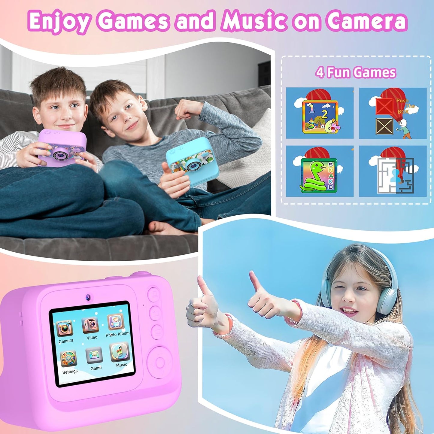 Kids Camera, Upgrade Kids Camera Instant Print, Front Rear Dual Selfie Digital CAM with 1080P Videos, Portable Travel Toy with Games and Music, Christmas Birthday Gift for Boys, Girls and Teens