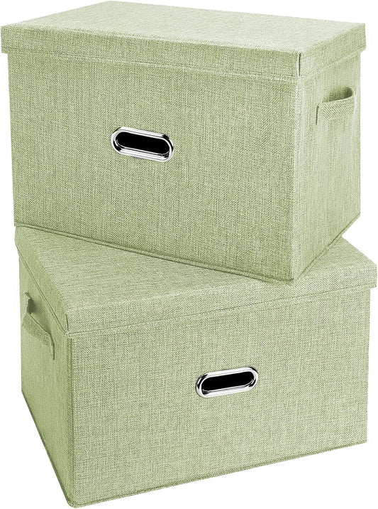Large Linen Fabric Foldable Storage Bins with Removable Lid and Handles, Washable Storage Box Organizer Containers Baskets Cube with Cover for Bedroom,Closet,Office (Green, Large(2-Pack))