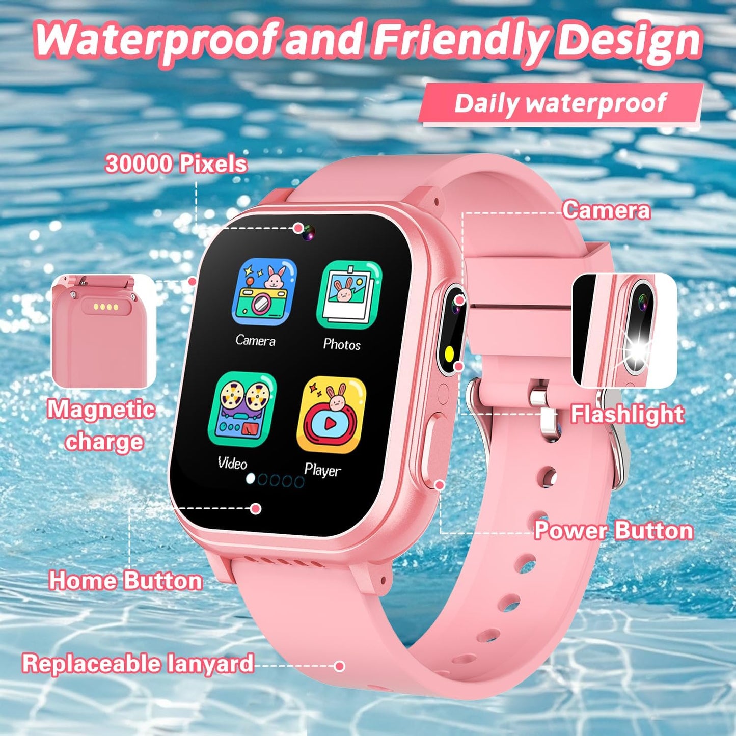 Cosjoype Kids Waterproof Smart Watch with 32 Games Dual Camera HD Touchscreen Music Player Pedometer Flashlight Habit Tracking Audiobook, Kids Toys Birthday Gifts for 5 6 7 8 9 10 Year Old Girls