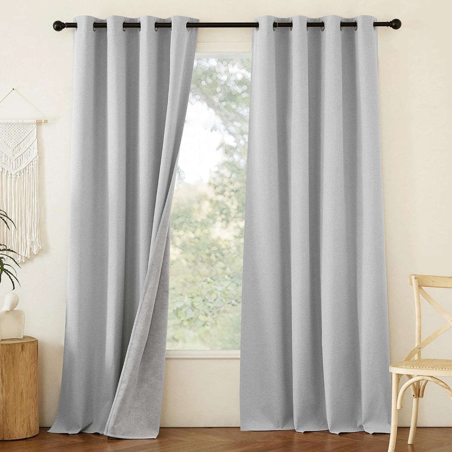 NICETOWN 100% Absolutely Blackout Faux Linen Curtains with Thermal Insulated White Liner, Greyish White, W52, 2 Pieces, Noise Reducing Faux Linen Look Curtains for Windows 95" Length for Classroom