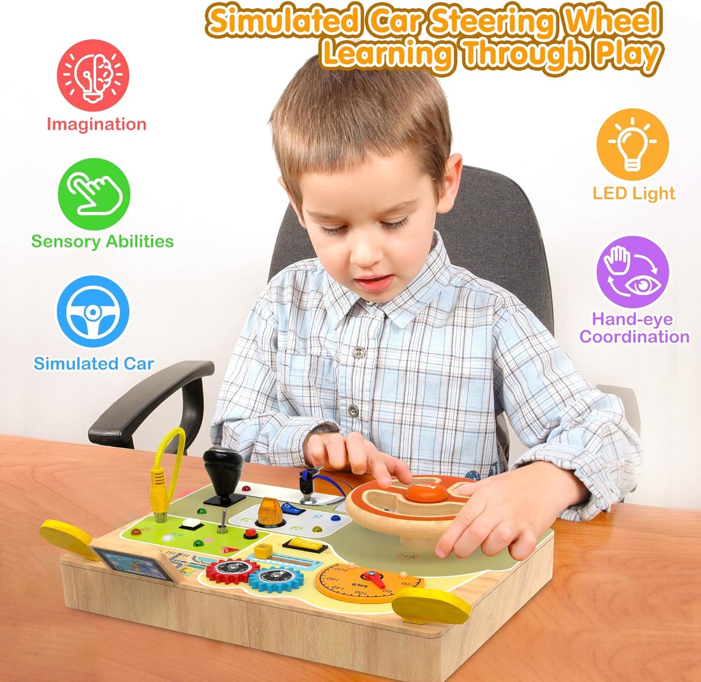Montessori Toddler Toys - Baby Wooden Busy Board - Sensory Toys with Light Switch - Travel Toys for Educational Toddler Activities for Toddlers 1 2 3 4+ Year Old