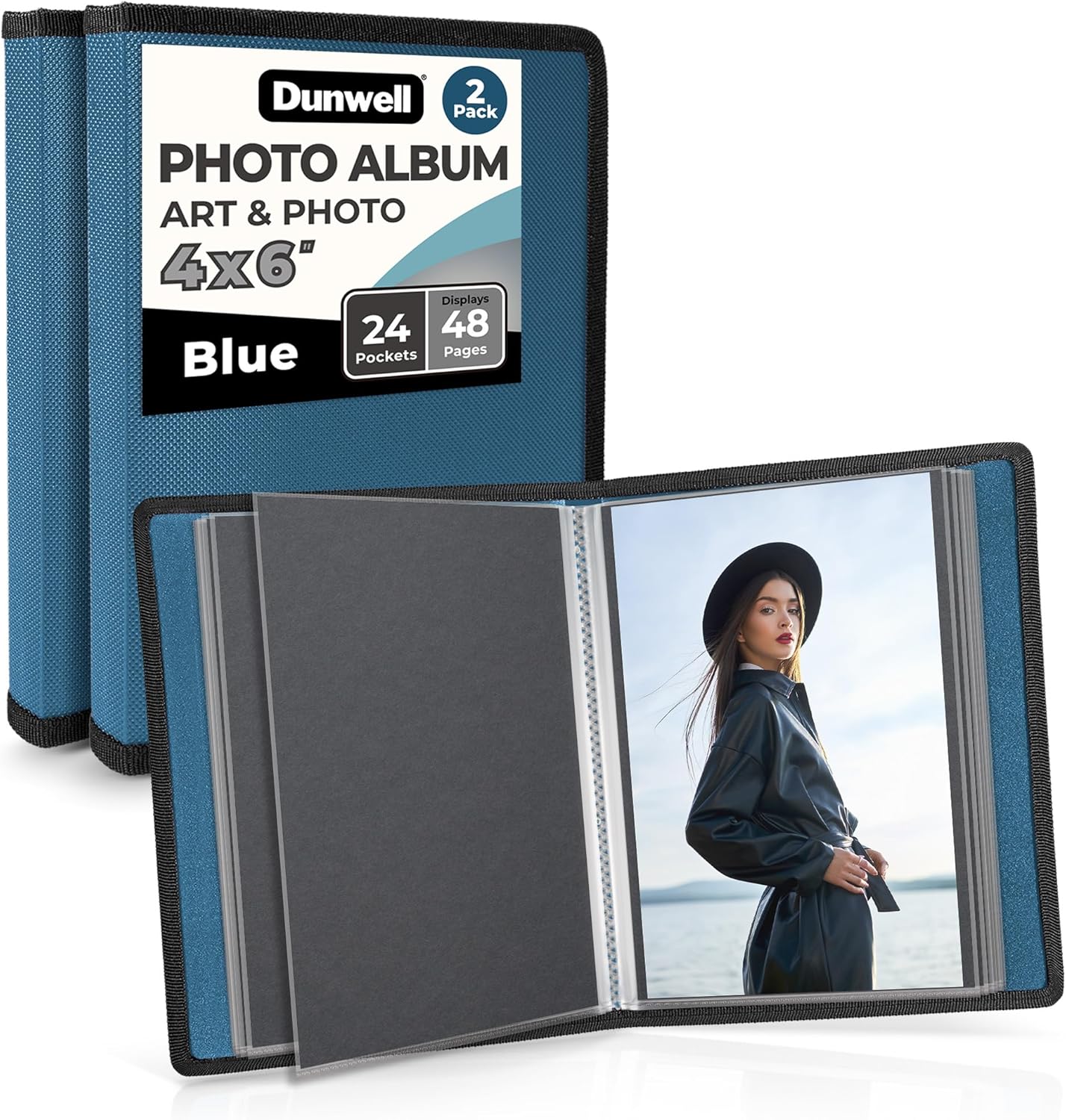 Dunwell Small Photo Album 4x6 (2-Pack, Blue), Mounting Paper, 4 x 6 Photo & Art Portfolio Presentation Book, 24 Pockets Display 48 Pages, Professional Mini Picture Book for Artwork, Postcards