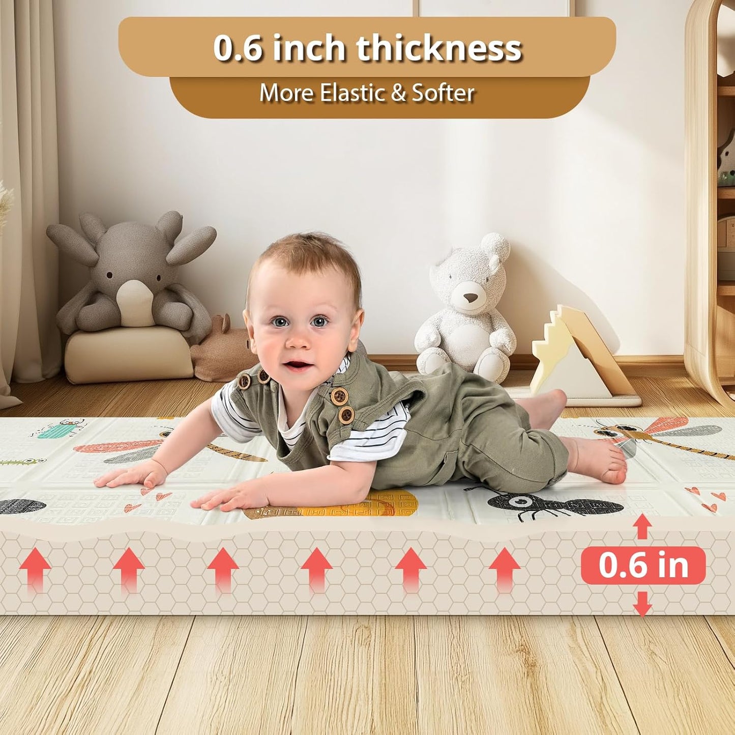 Foldable Baby Play Mat, PIGLOG 0.6in Thick Waterproof Playmats for Babies and Toddlers Kids, Safe Foam Playmat for Tummy Time, 50x50 Playpen Mat, Reversible Portable Floor Mat for Infant, Dragonfly