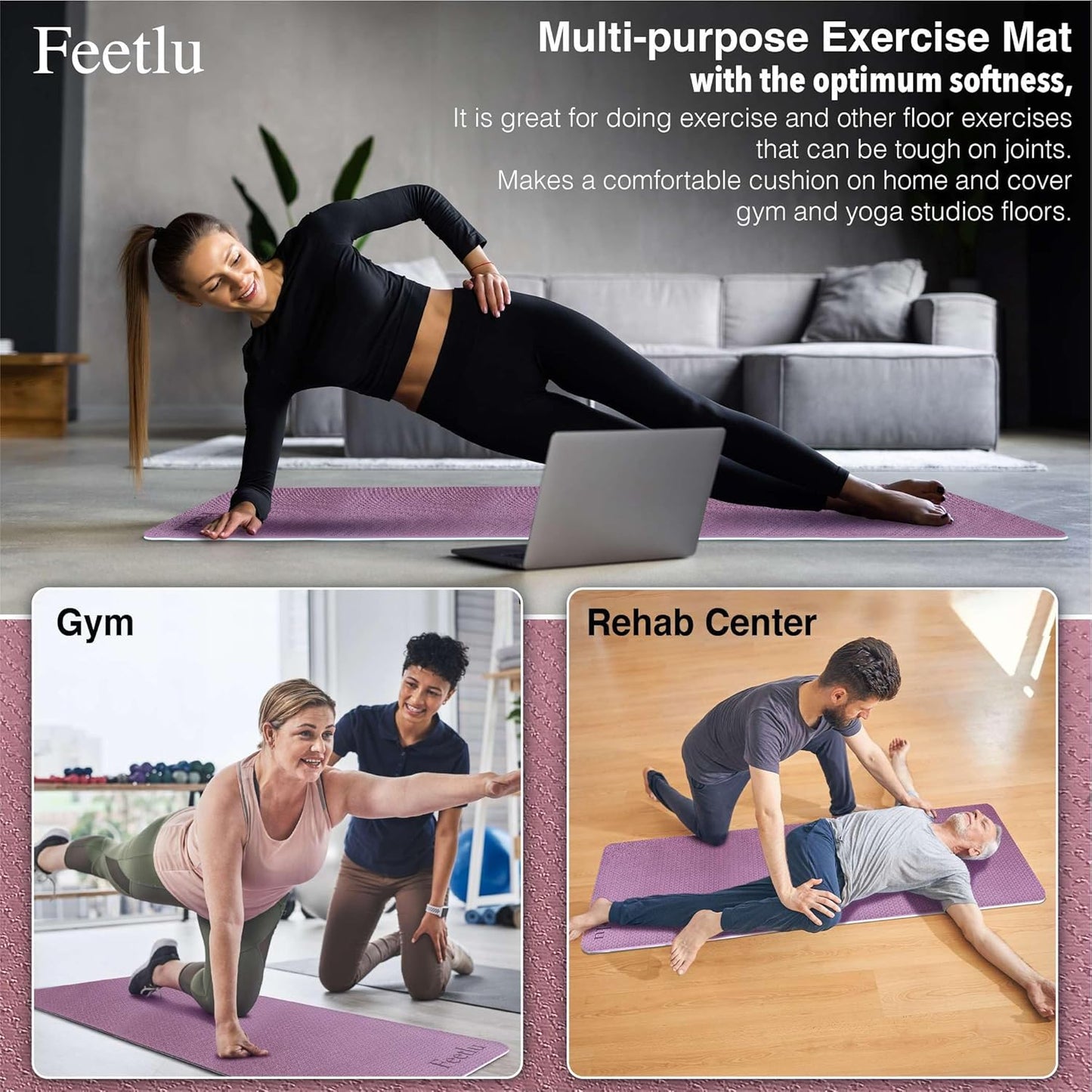 Extra Thick Exercise Yoga Mat with Strap - 2/5 Inch (10MM), Non-Slip Workout Mat for Yoga, Pilates, and Floor Exercises