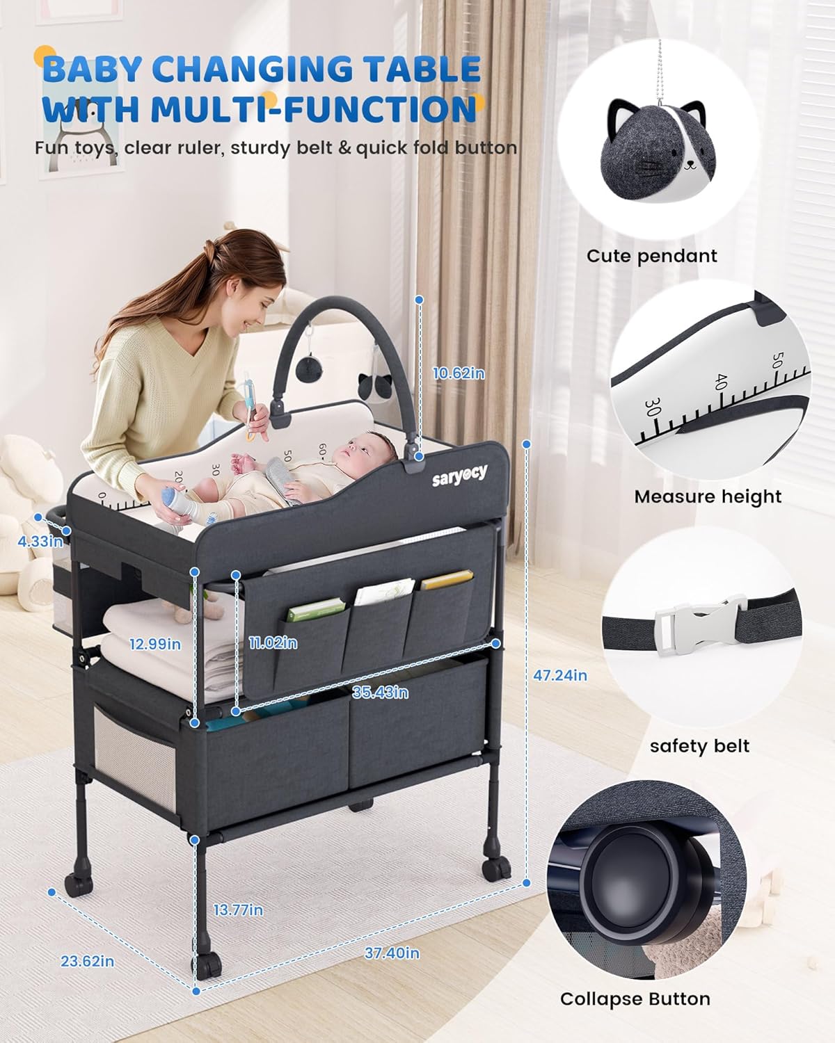 Baby Changing Table with Storage, Versatile Folding Changing Table, Baby Changing Station, Removable Wheels, 4 Adjustable Height, Waterproof, Mobile Nursery for Infant and Newborn