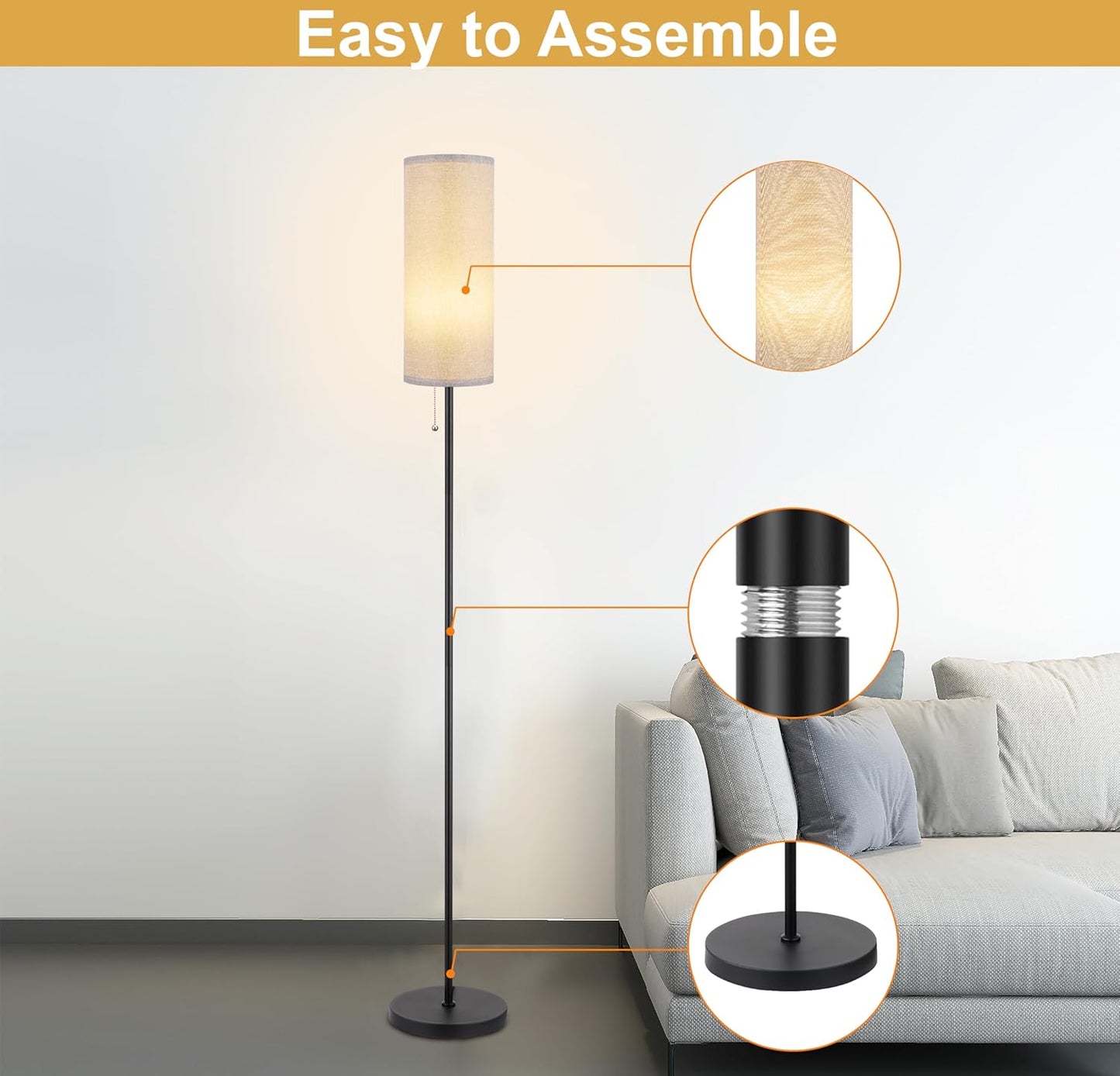 Floor Lamp for Living Room, Modern Standing Lamps with Lampshade, Minimalist Tall Lamp with Chain Switch for Living Room, LED Bulb Included (Gray Shade)