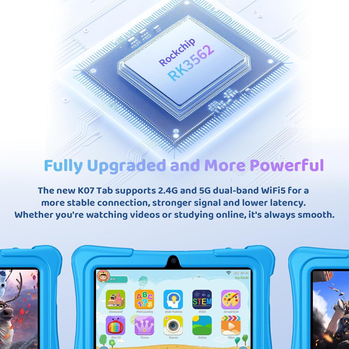 Kids Tablet, 7 inch Android 15 Tablet for Kids, 8GB+32GB 1TB Expand, Quad-Core Toddler Tablets with Shockproof Case, BT5.0, WiFi 5, Parental Control, Games, Dual Camera (Sky Blue)