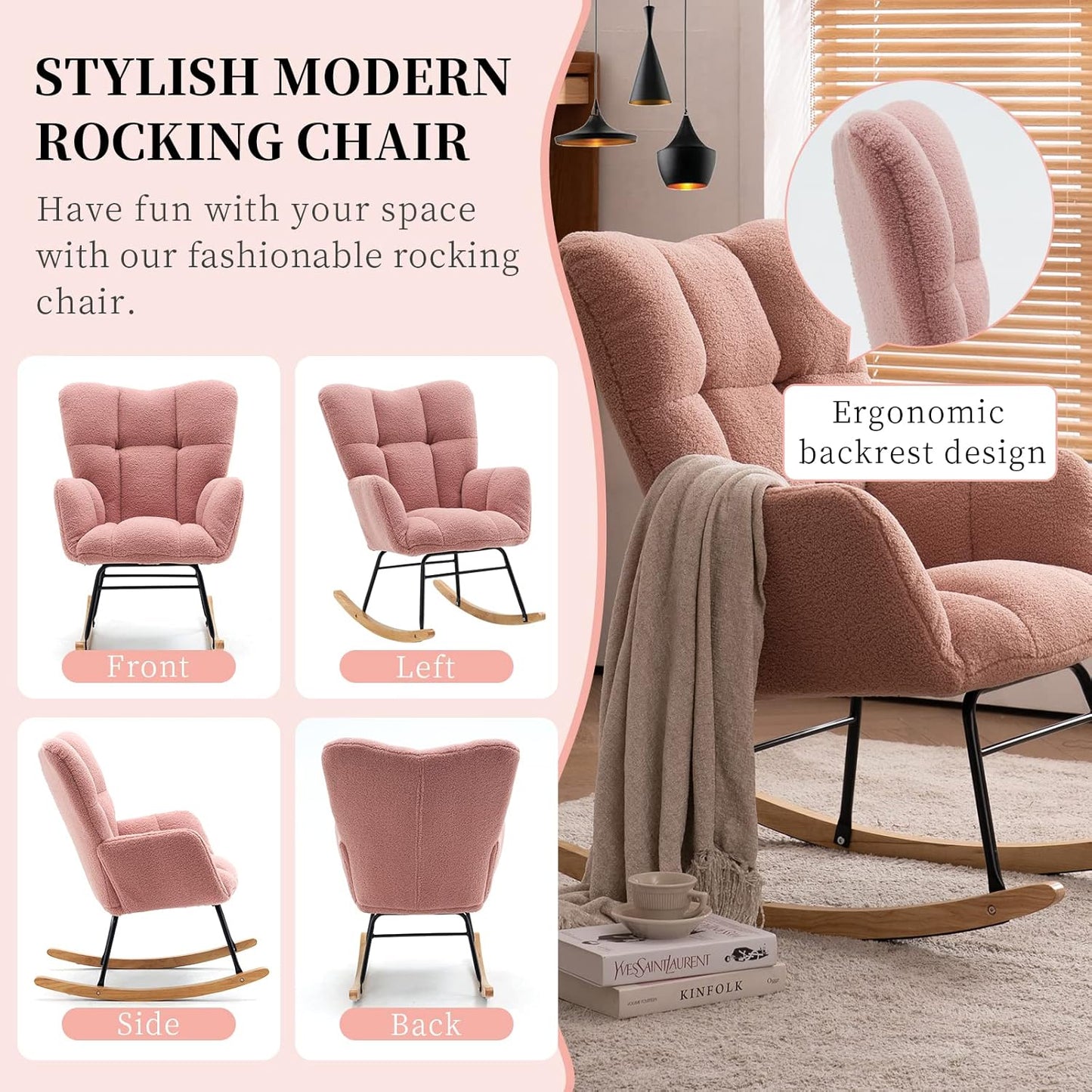 NIOIIKIT Nursery Rocking Chair Teddy Upholstered Glider Rocker Rocking Accent Chair Padded Seat with High Backrest Armchair Comfy Side Chair for Living Room Bedroom Offices (Pink Teddy)